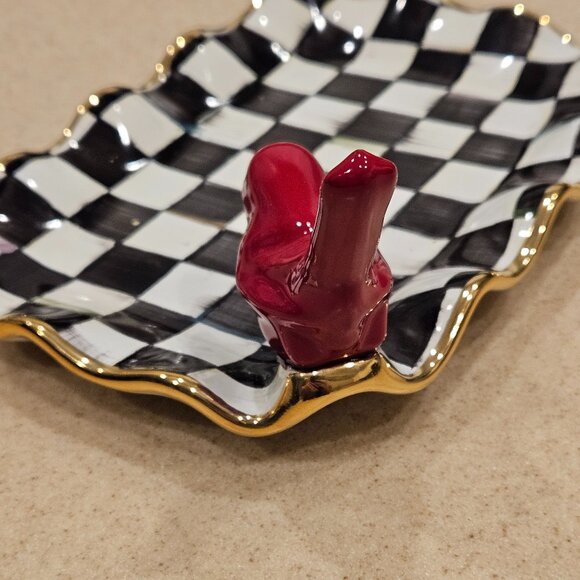 MACKENZIE CHILDS CARDINAL COURTLY CHECK AURORA CERAMIC TRAY RING HOLDER DISH - Picture 7 of 13